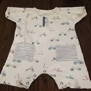 Indigo Baby White Bicycle Print Romper. With Color Featured Pockets. Size 6-12mt